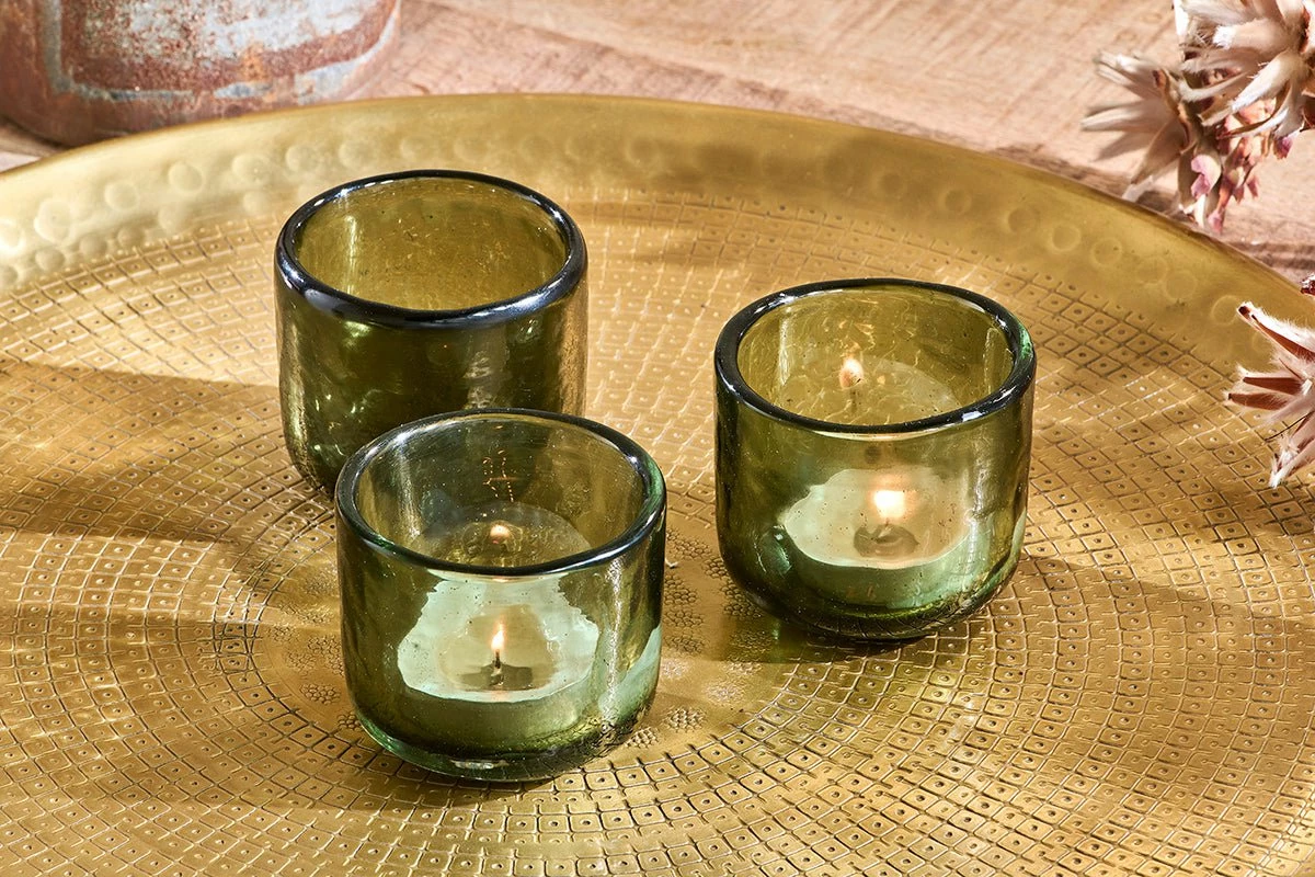 Irda Glass Small Tealight - Dark Emerald - Small (Set Of 3) 3 Irda Glass Small Tealight - Dark Emerald - Small (Set Of 3)